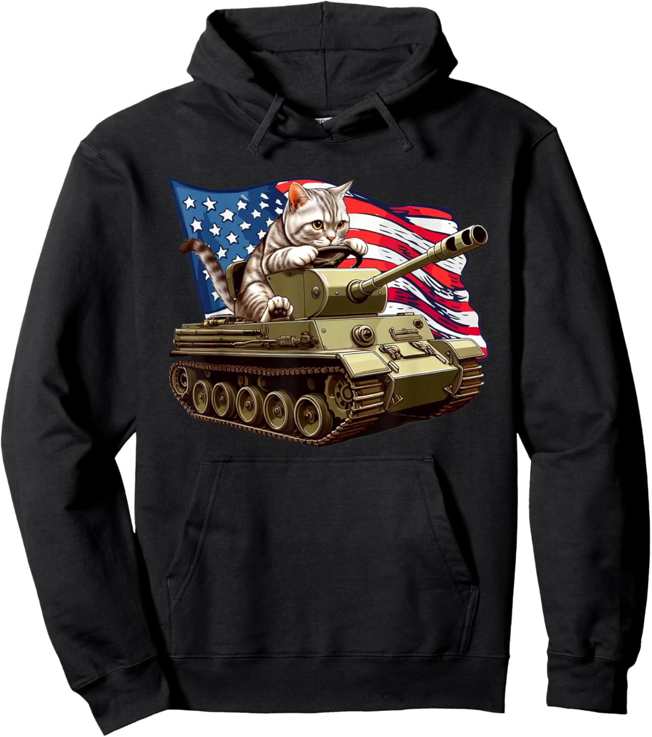 Cat Driving Army Tank American Flag Military Cat Lovers Hoodie - Hoodie | Black