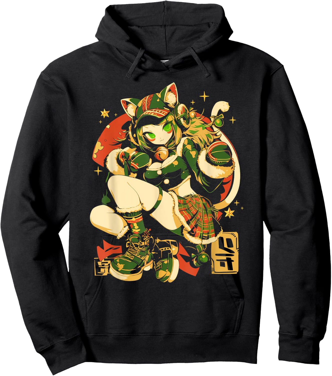 Alternative Christmas Manga Japan Anime Woman co. Christmas Cat Girl Anime Waifu Kawaii Japan Holiday Cute Hoodie - Hoodie | Black