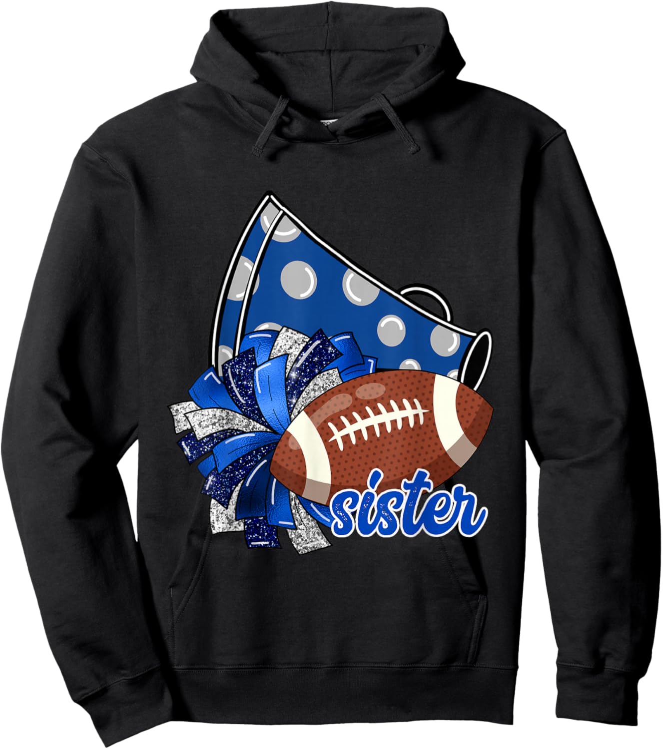 Cheer Sister Shirt, Megaphone Pom Pom Football Blue Hoodie - Hoodie | Black
