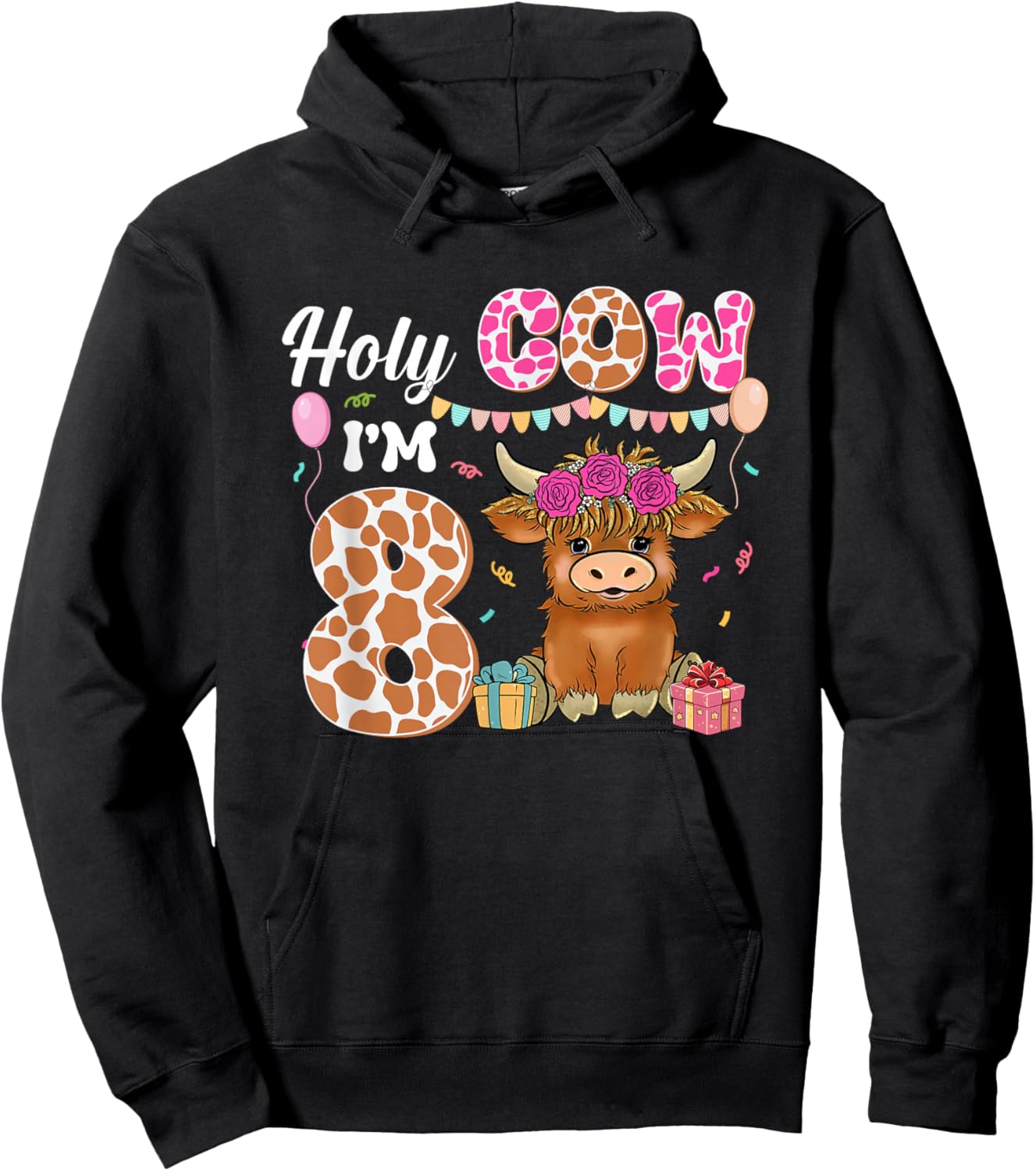 Holy Cow I'm 8 Highland Cow Farming 8th Birthday 8 Years Old Hoodie - Hoodie | Black
