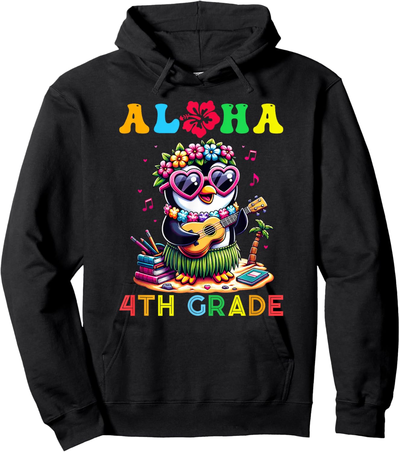 Aloha Fourth Grade Penguin Hawaii Back to School Kids Girl Hoodie - Hoodie | Black
