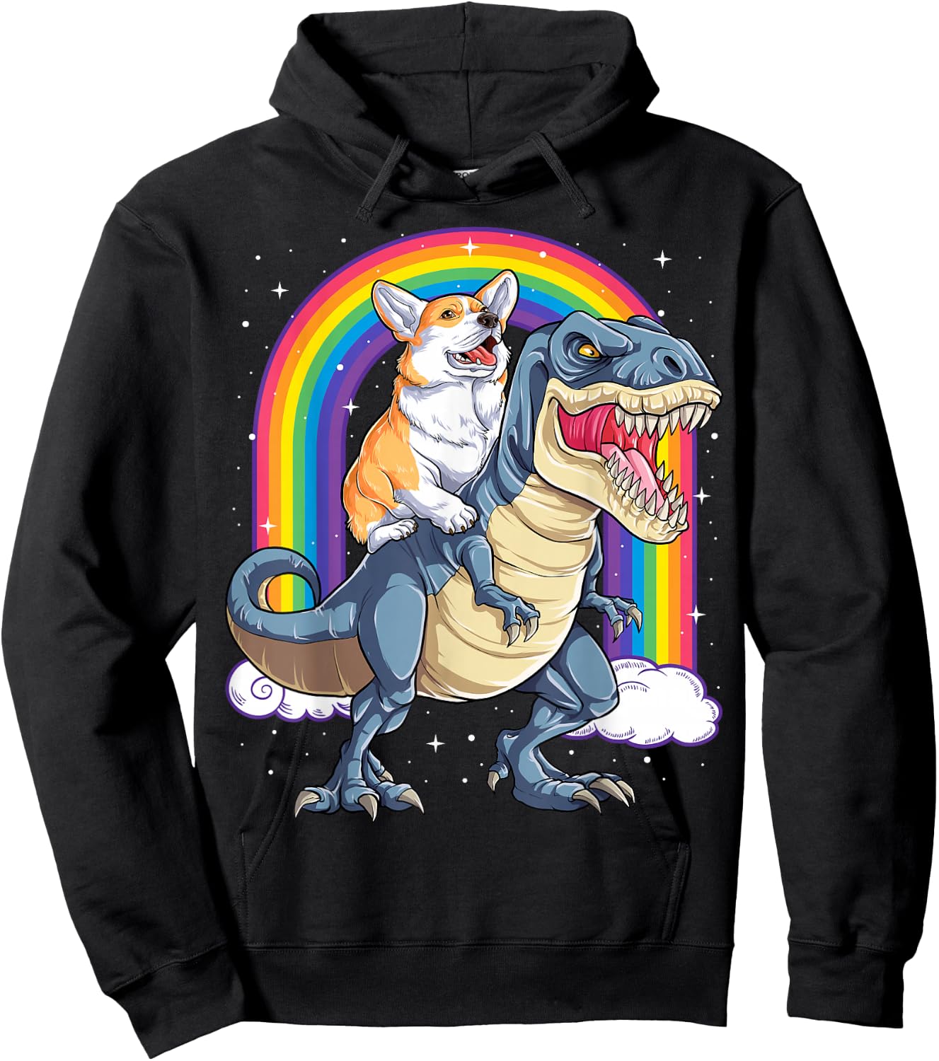 Corgi Riding Dinosaur T-rex Boys Girls Space Galaxy Rainbow Hoodie - Hoodie | Black