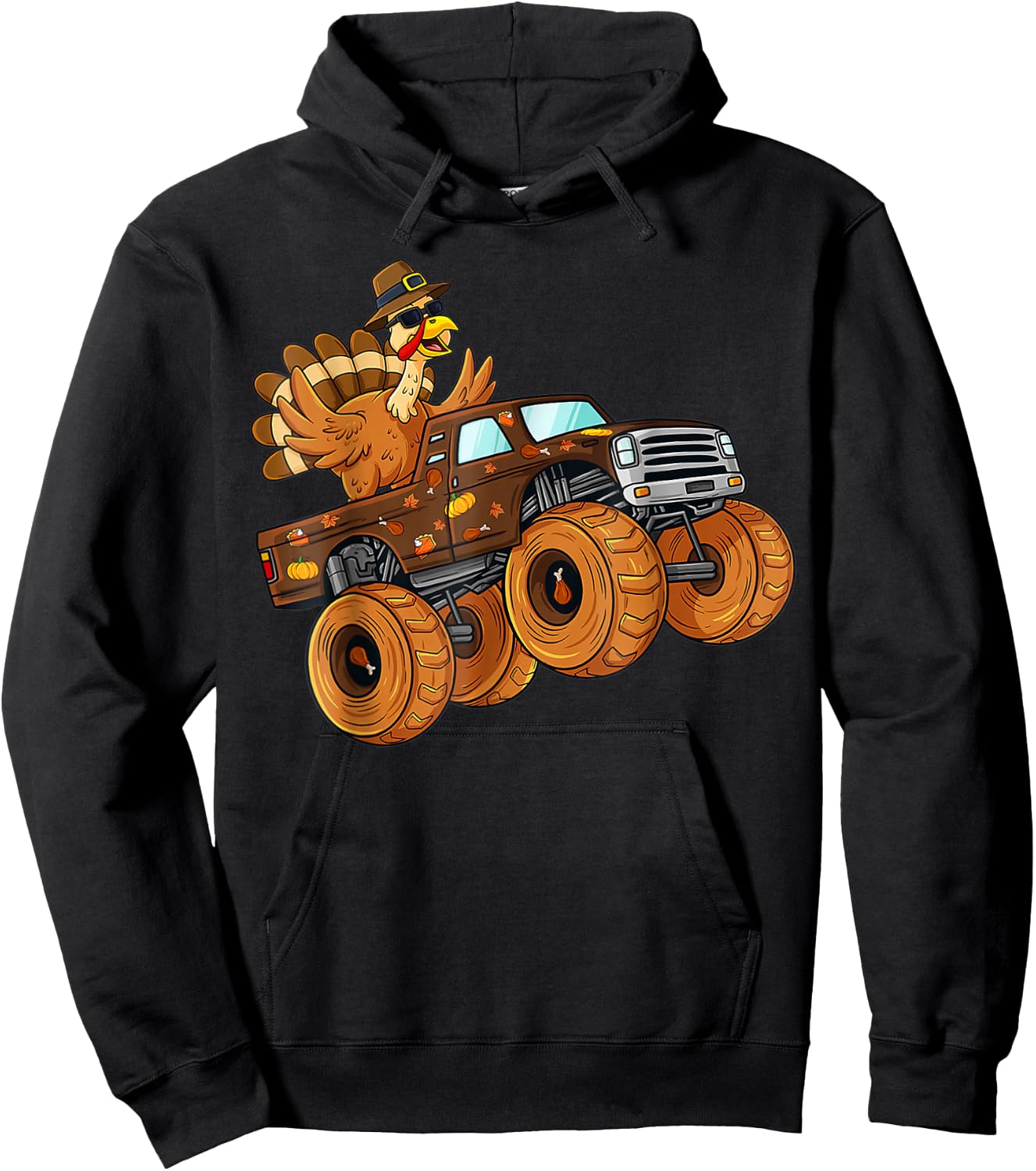 Turkey Pilgrim Riding Monster Truck Thanksgiving Boys Kids Hoodie - Hoodie | Black