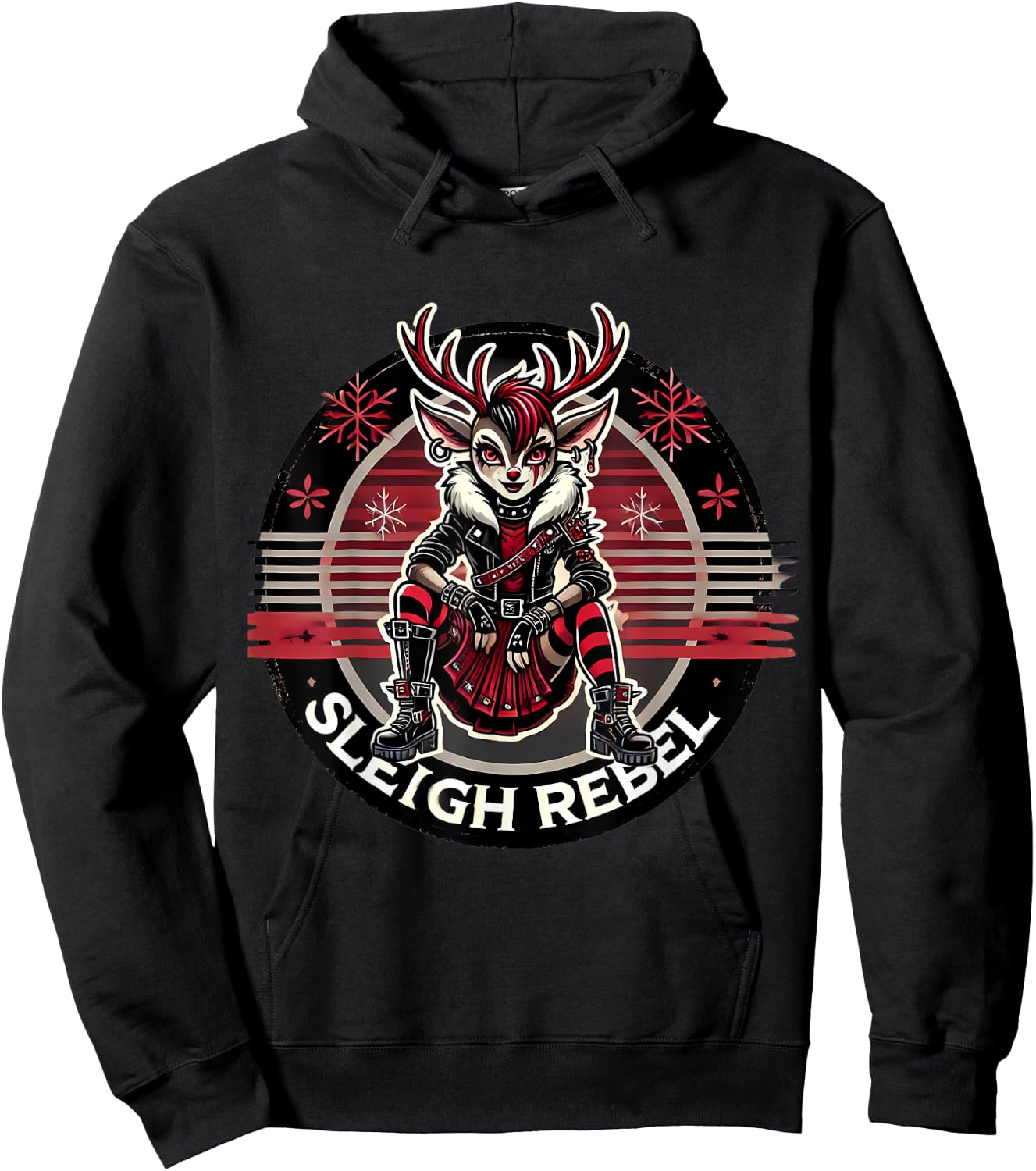 Sleigh Rebel Punk Gothic Reindeer Christmas Design Hoodie - Hoodie | Black