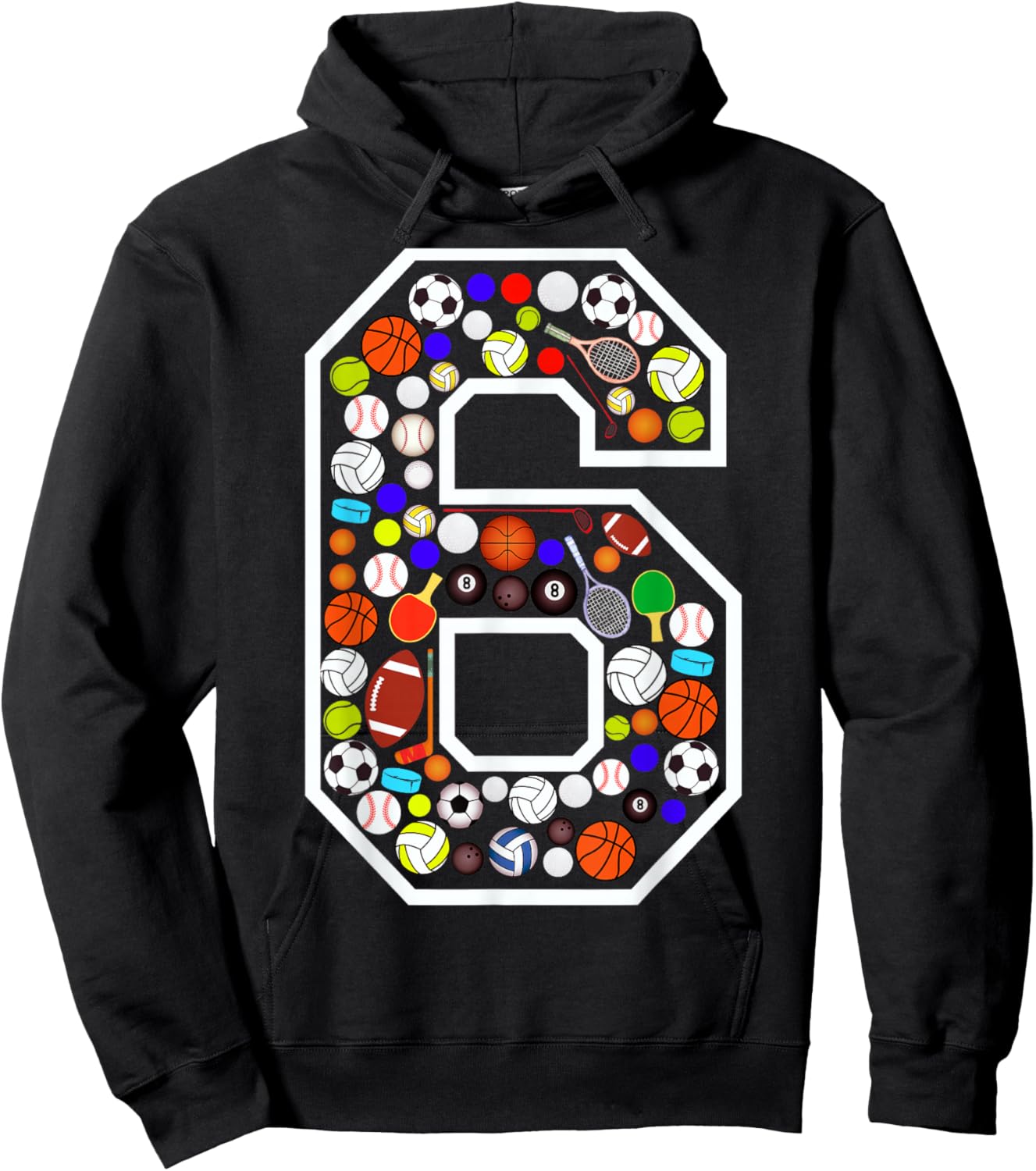 Kids 6th Birthday Sports Big Number Six 6 Year Old Boy Hoodie - Hoodie | Black