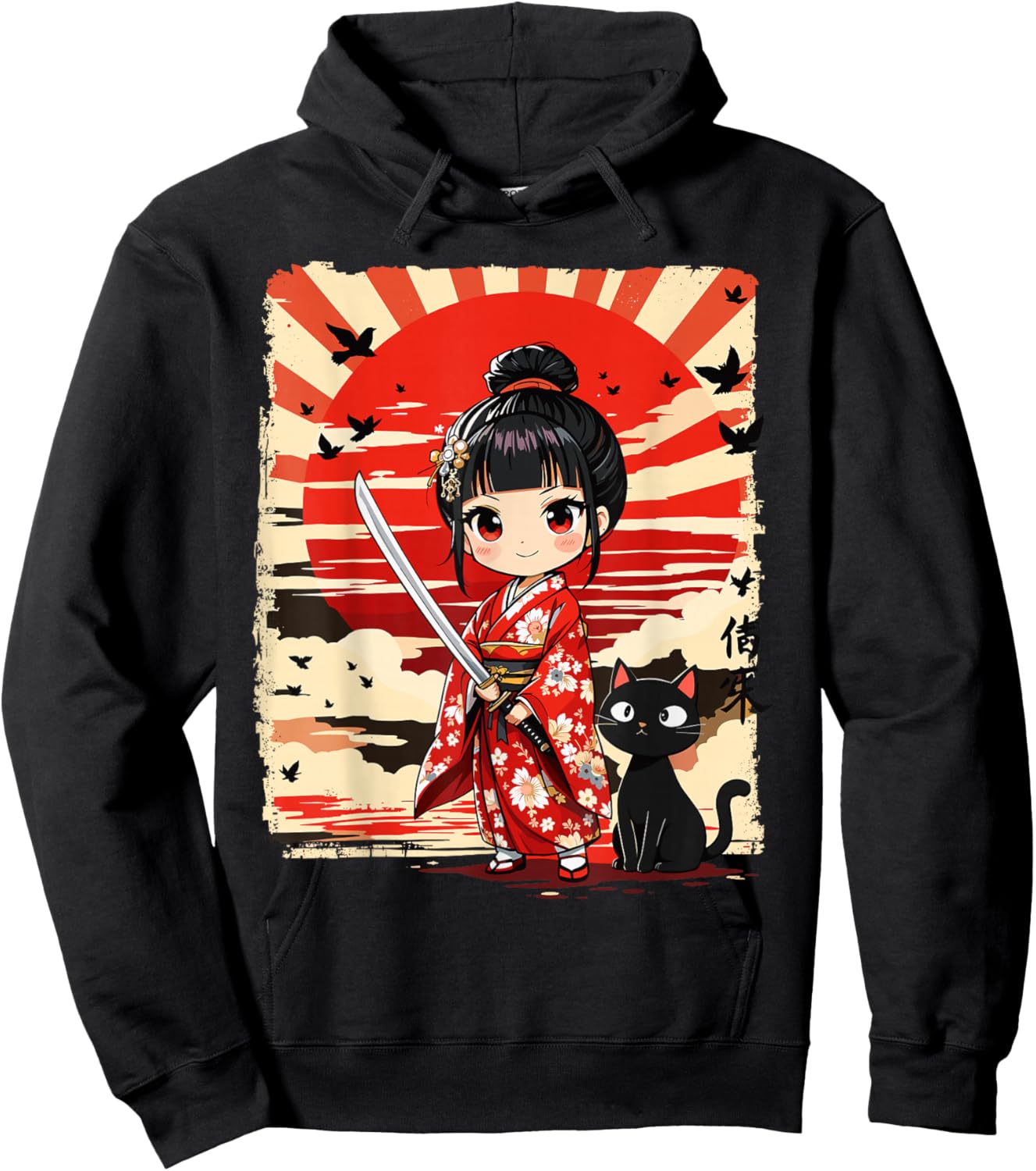 Cute Kawaii Samurai Girl and Cat Japanese Anime Kids Girls Hoodie - Hoodie | Black