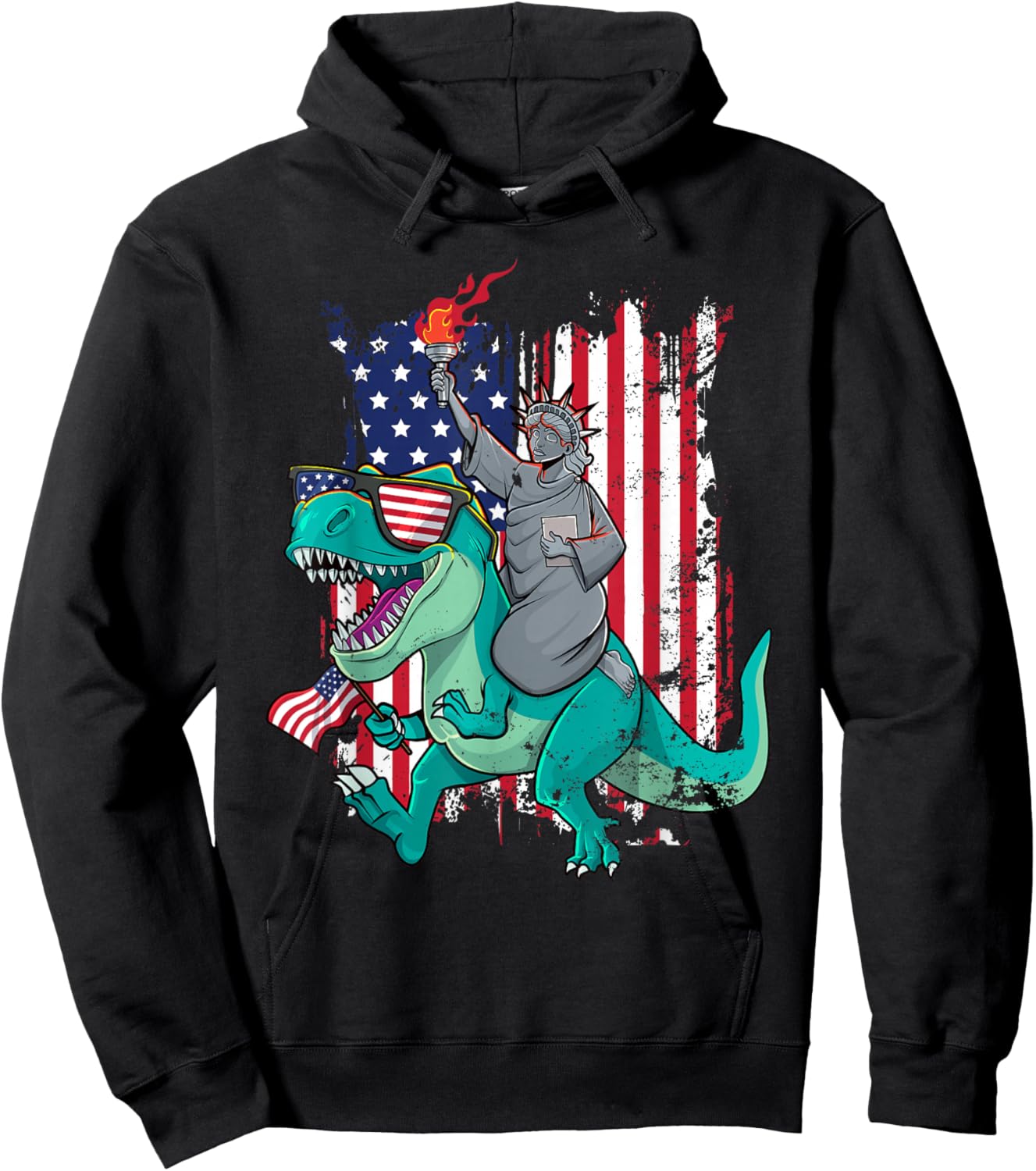 Fourth of July Funny Statue of Liberty Riding Dinosaur T-Rex Hoodie - Hoodie | Black