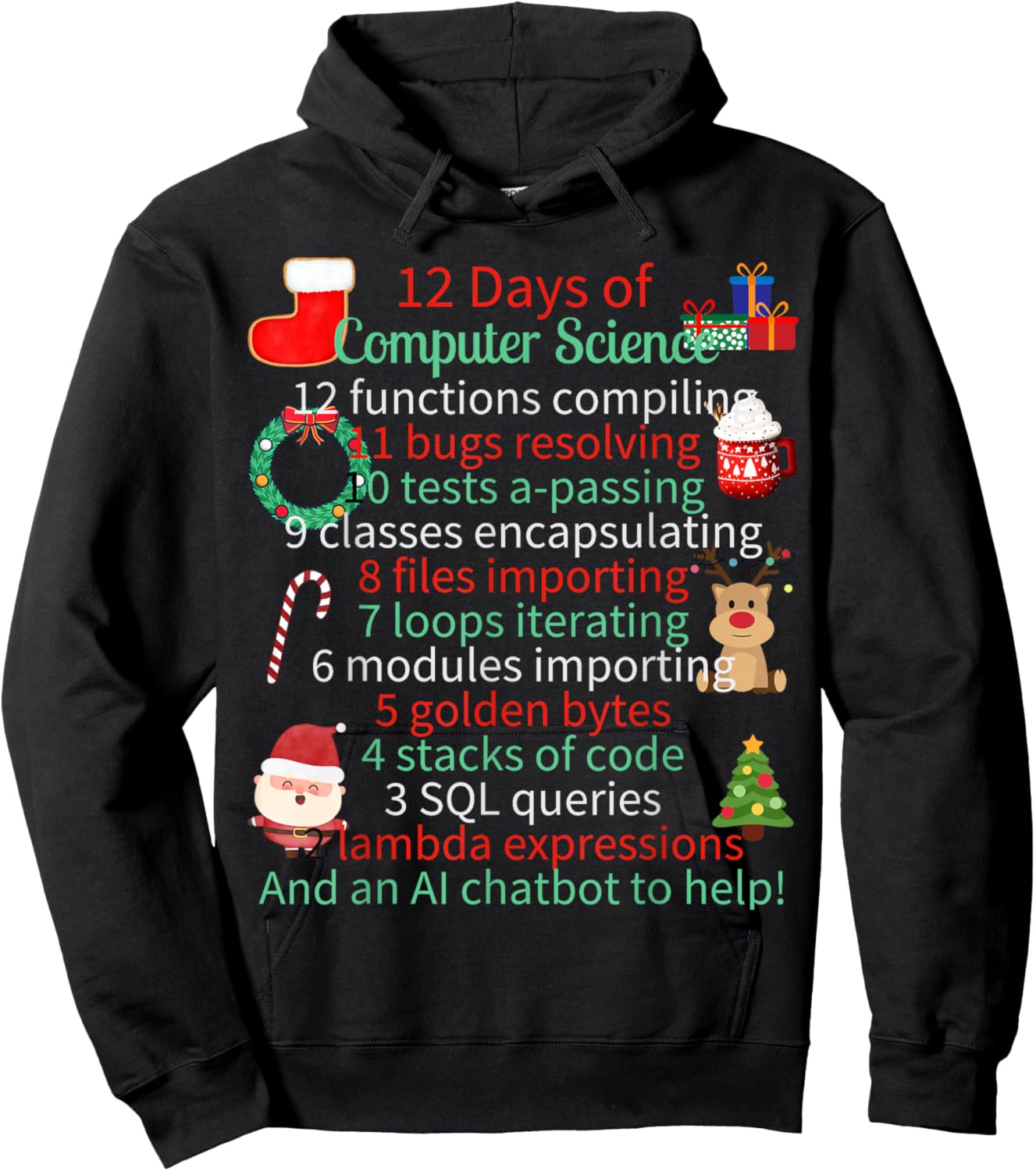 12 Days of Computer Science Christmas Themed Winter Holidays Women Kids Hoodie - Hoodie | Black