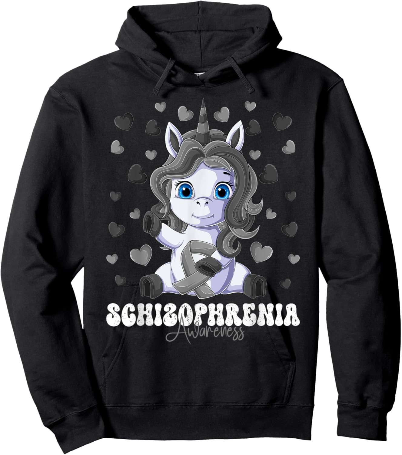 Schizophrenia Awareness Month Silver Ribbon Unicorn Hoodie - Hoodie | Black