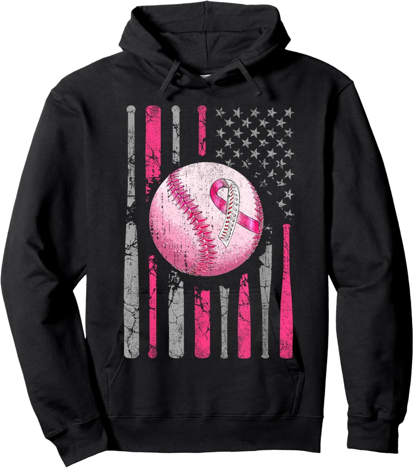 Breast Cancer Baseball Pink Ribboon American Flag Men Women Hoodie - Hoodie | Black