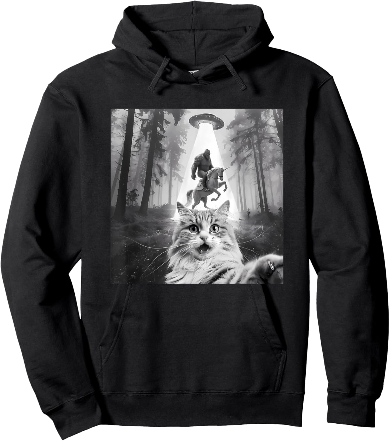 Funny UFO Cat Selfie with Bigfoot Forest Unicorn Sasquatch Hoodie - Hoodie | Black