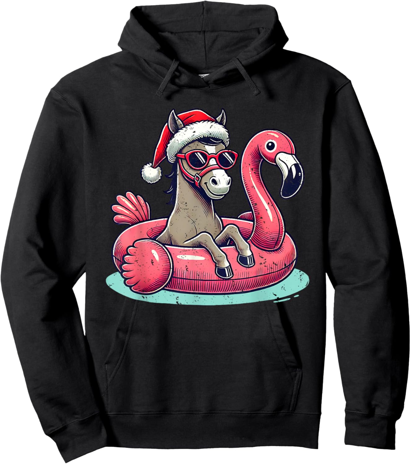 Funny Christmas in July Horse Mom Santa Flamingo Floatie Hoodie - Hoodie | Black