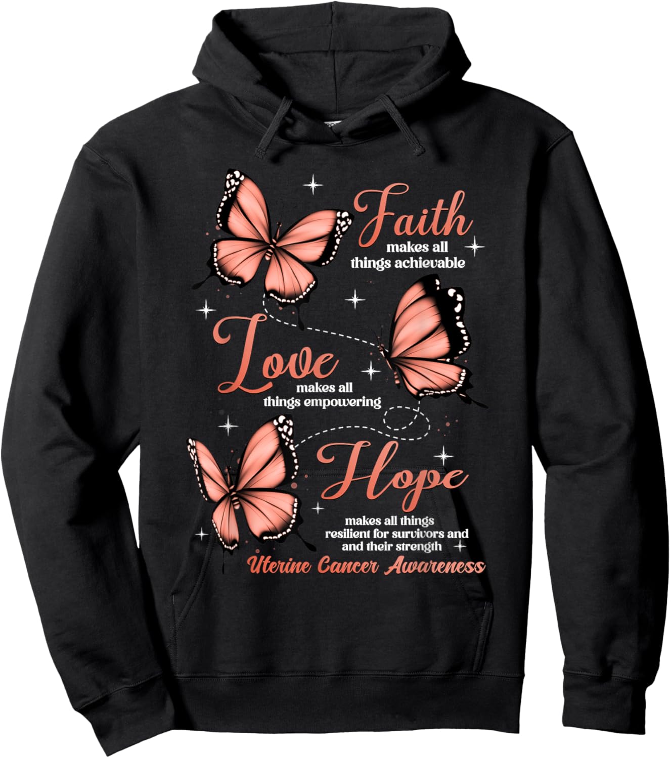Faith Love Hope Butterfly Uterine Cancer Awareness Gifts Hoodie - Hoodie | Black