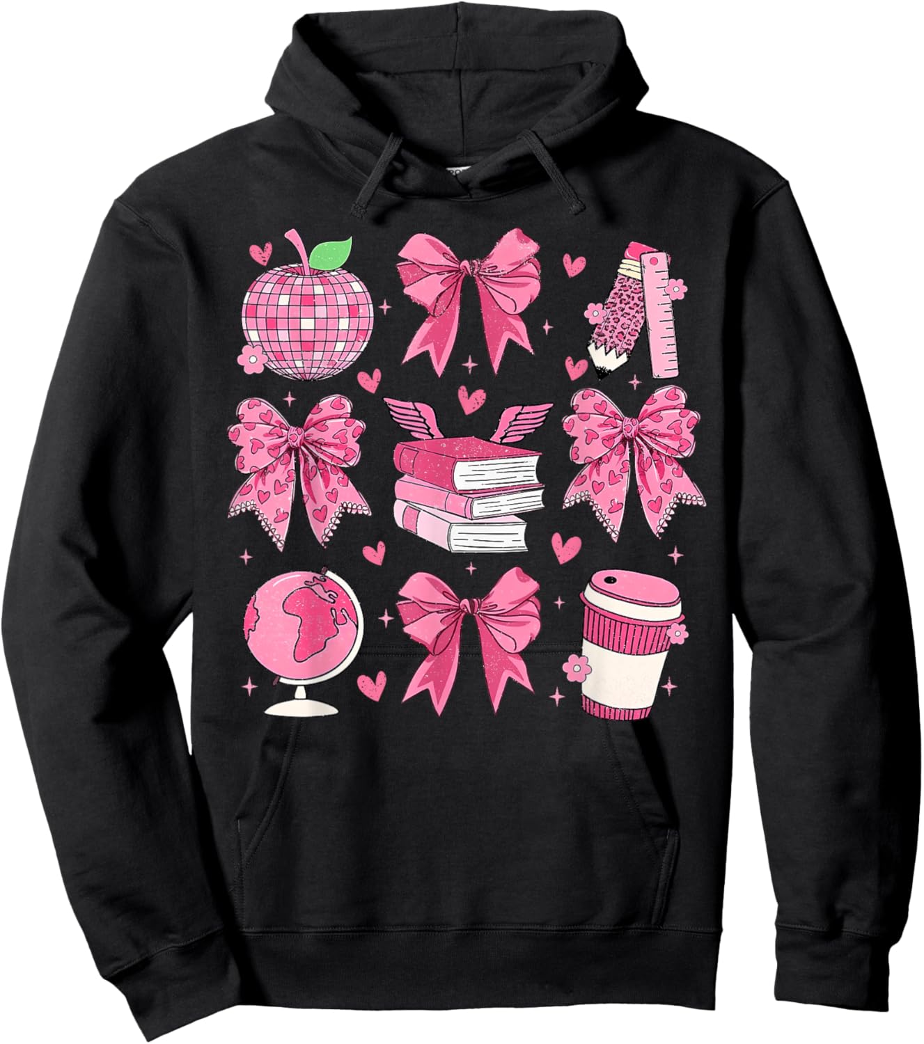 Coquette Pink Bow Apple Teacher Appreciation Valentine Day Hoodie - Hoodie | Black