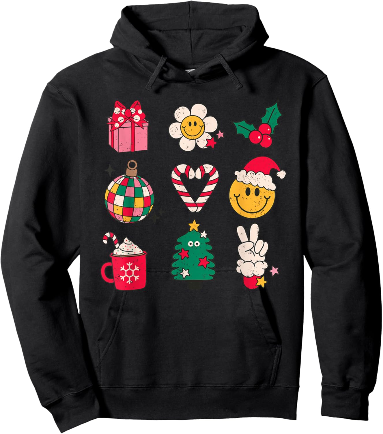 70s Cute Santa Yellow Smile Face Christmas Shirt Women Girls Hoodie - Hoodie | Black