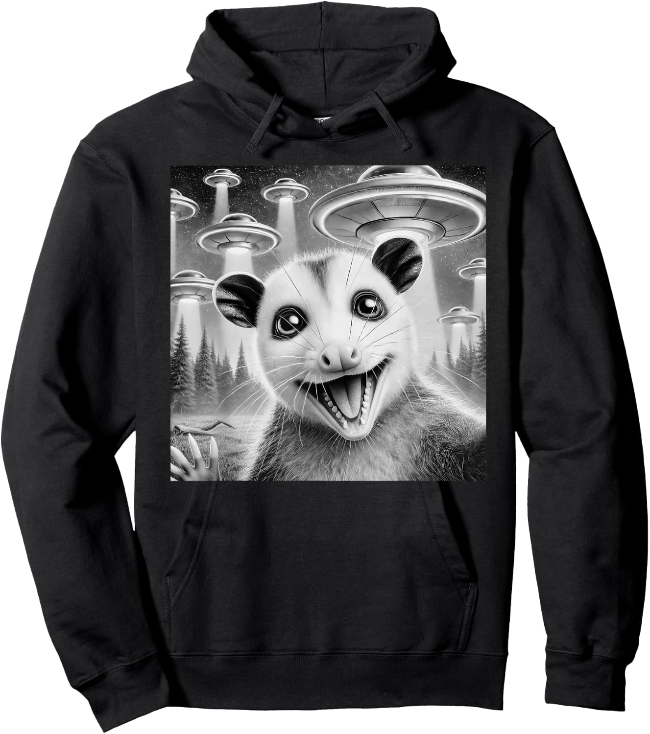 Opossum Selfie With Alien UFO Meme Men Women Kids Hoodie - Hoodie | Black