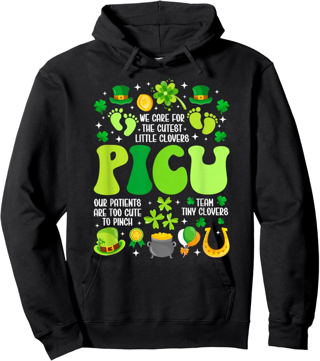 Groovy St. Patrick's Day PICU Nurse Shamrock PICU Nursing Hoodie - Hoodie | Black