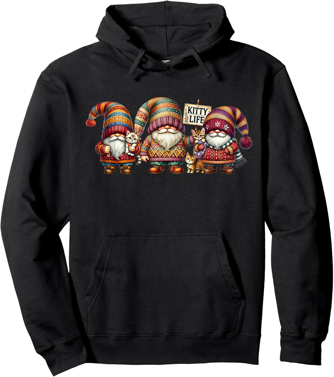 Christmas Gnomes With Cute Kitten For Xmas Funny Cat Lady Hoodie - Hoodie | Black