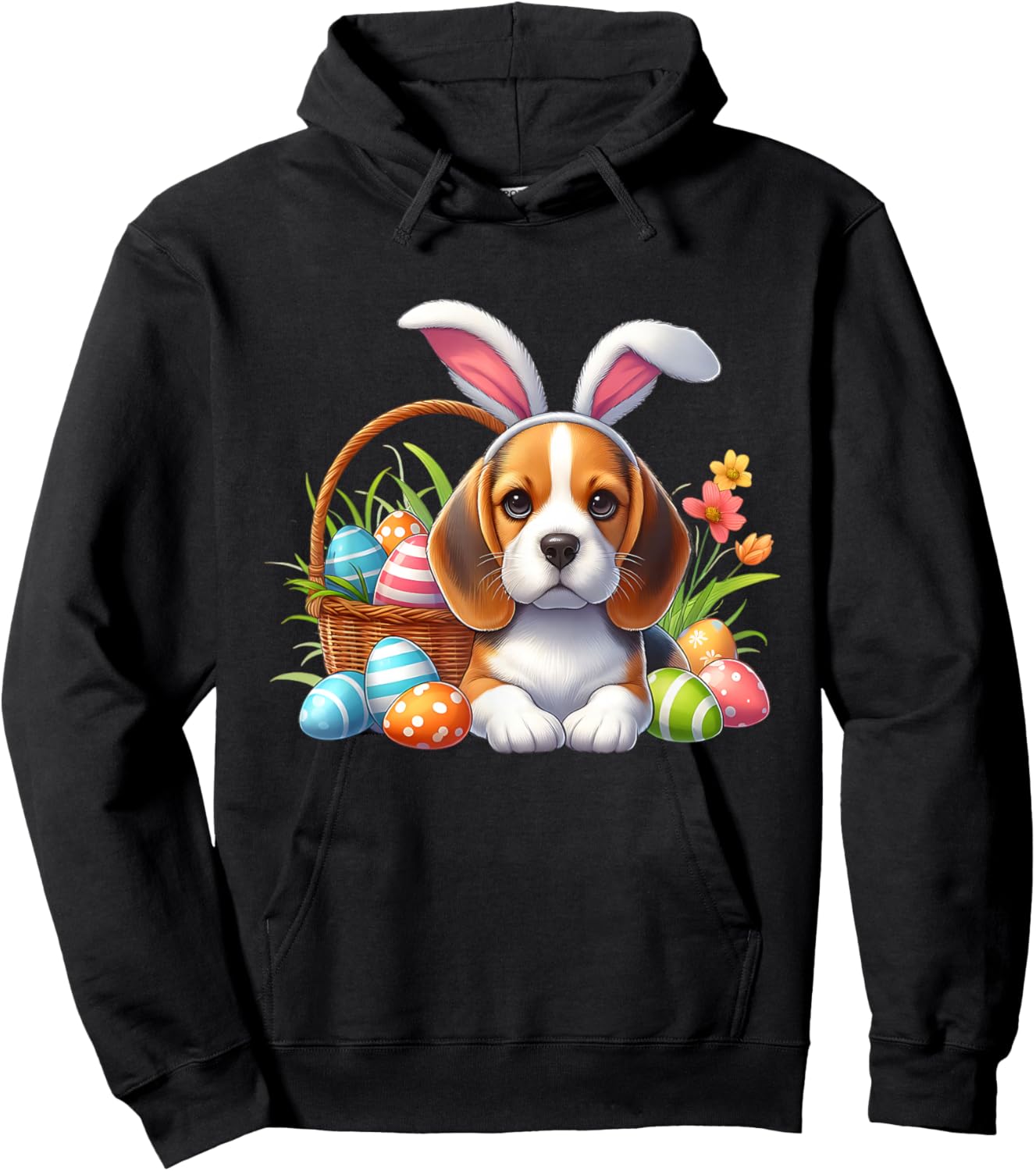 Beagle with Easter Bunny Ears and Colorful Easter Eggs Hoodie - Hoodie | Black