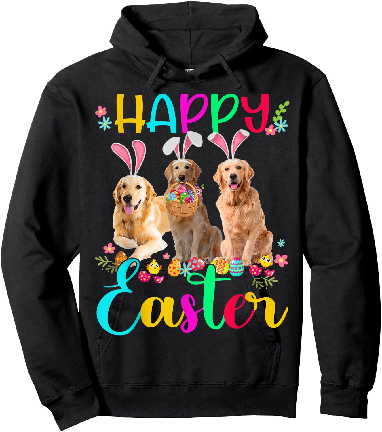 Happy Easter Three Golden Retriever Wearing Bunny Ear Gifts Hoodie - Hoodie | Black