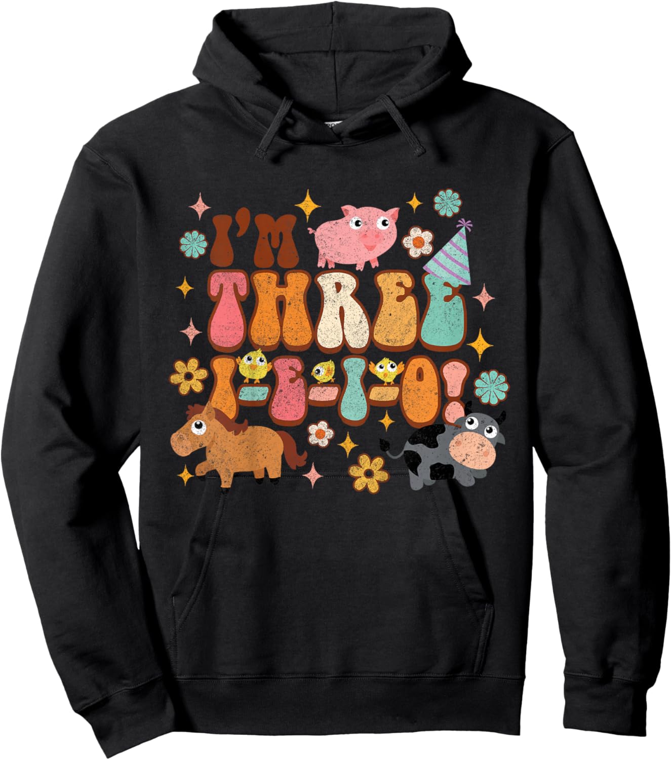 Kids I'm Three I E I O Country Farm Birthday 3rd Birthday Party Hoodie - Hoodie | Black