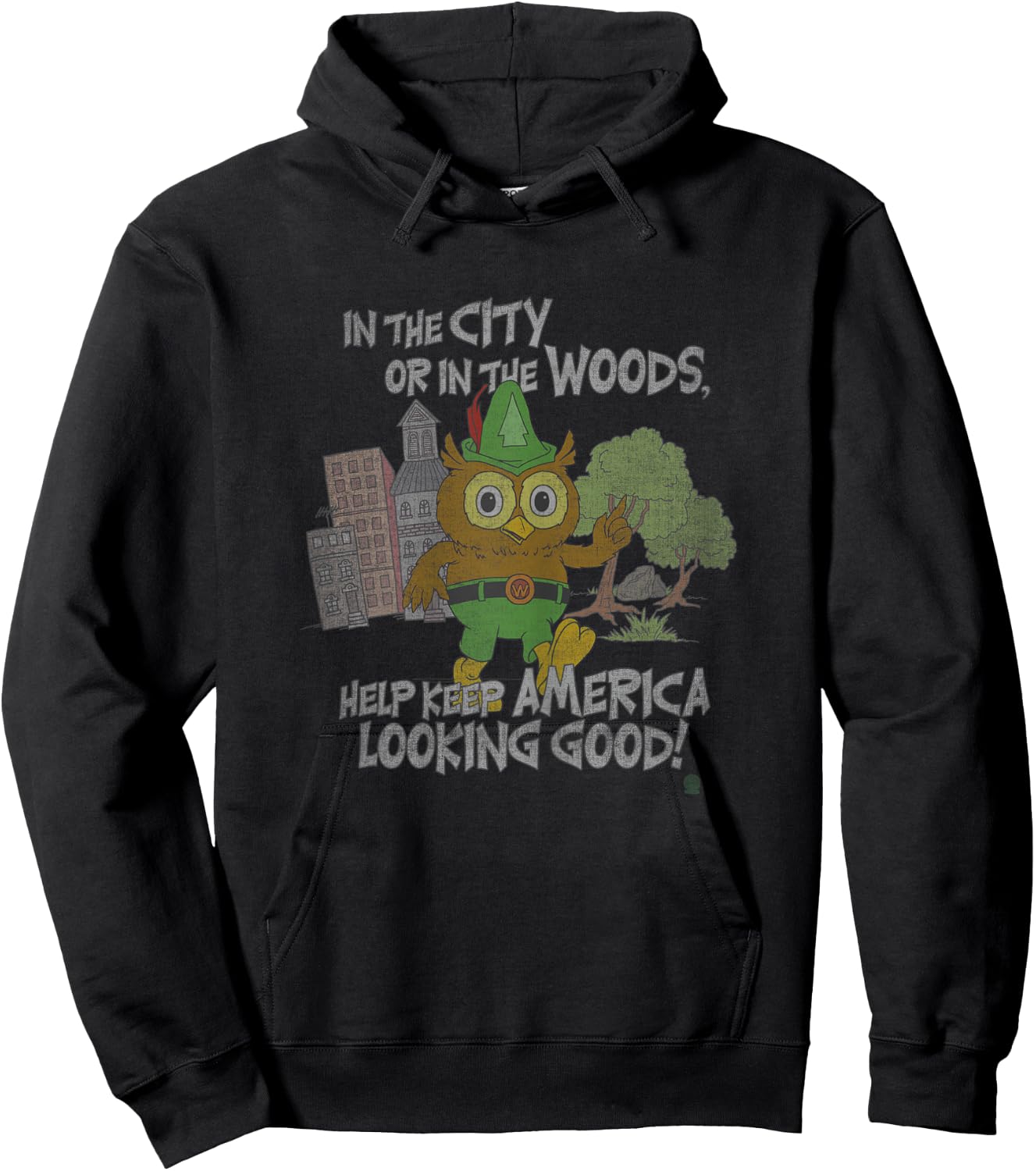 Woodsy Owl Keep America Looking Good Faded Vintage Hoodie - Hoodie | Black
