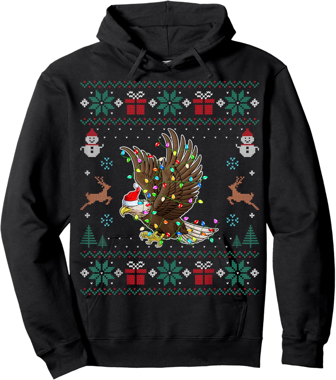 Eagle Santa Hat Xmas Lights Eagle Christmas Ugly Hoodie - Hoodie | Black