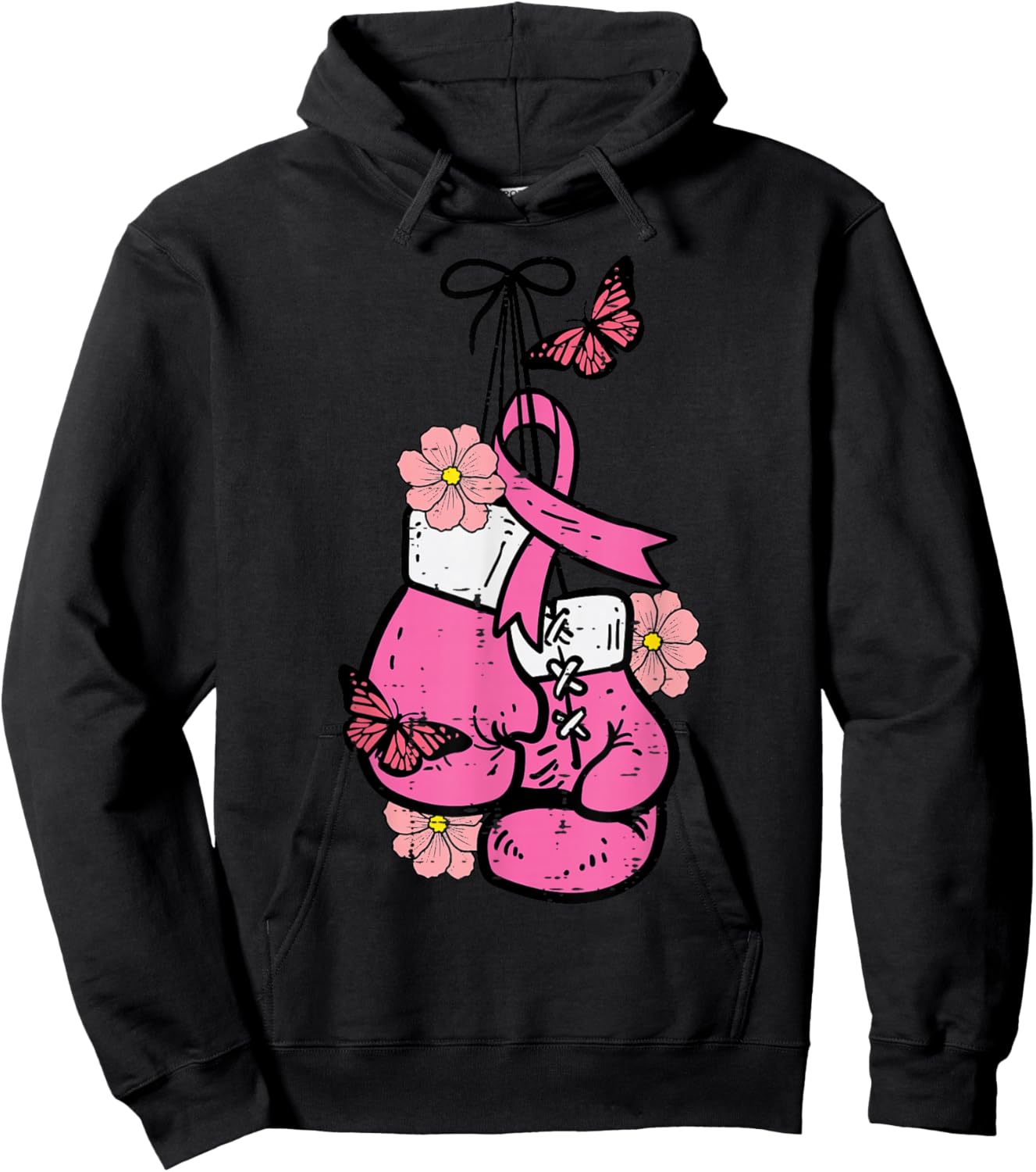 Breast Cancer Boxing Glove Pink Ribbon Awareness Fight Women Hoodie - Hoodie | Black