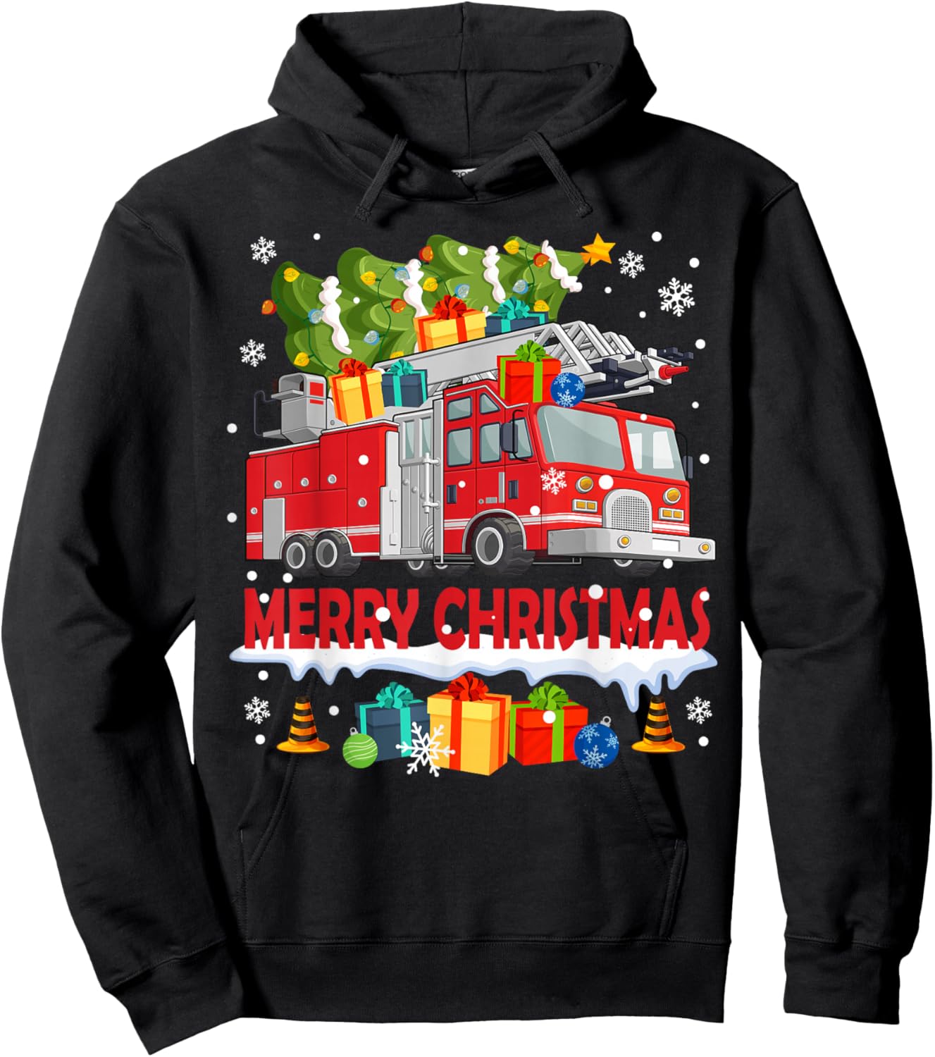 Funny Fire Truck & Christmas Tree Firefighter Xmas Pajamas Hoodie - Hoodie | Black