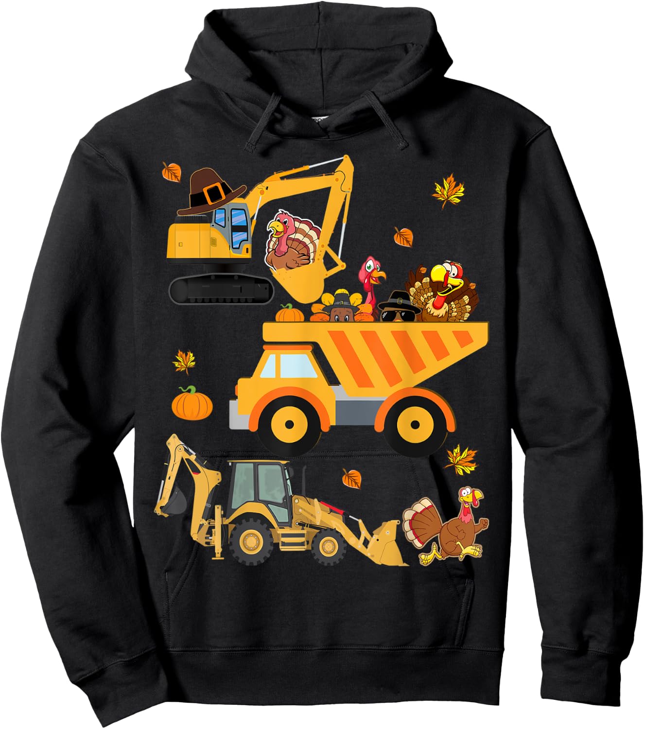 Thanksgiving Turkey kids boy truck Construction Vehicle fall Hoodie - Hoodie | Black