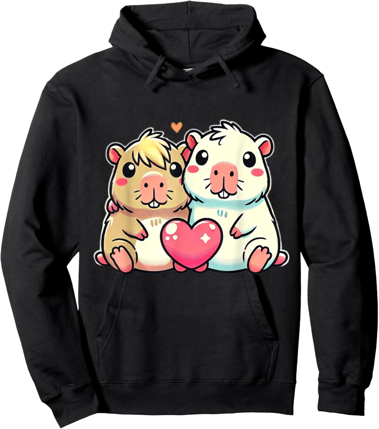 Kawaii Capybara Couple with Heart Love Design Hoodie - Hoodie | Black