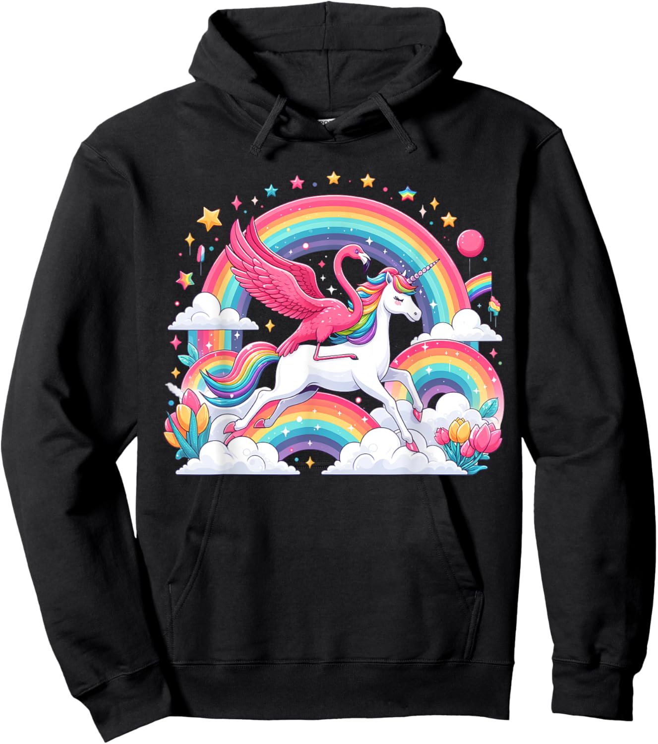 Flamingo Riding Unicorn Galaxy Rainbow Lover Girl Women Hoodie - Hoodie | Black