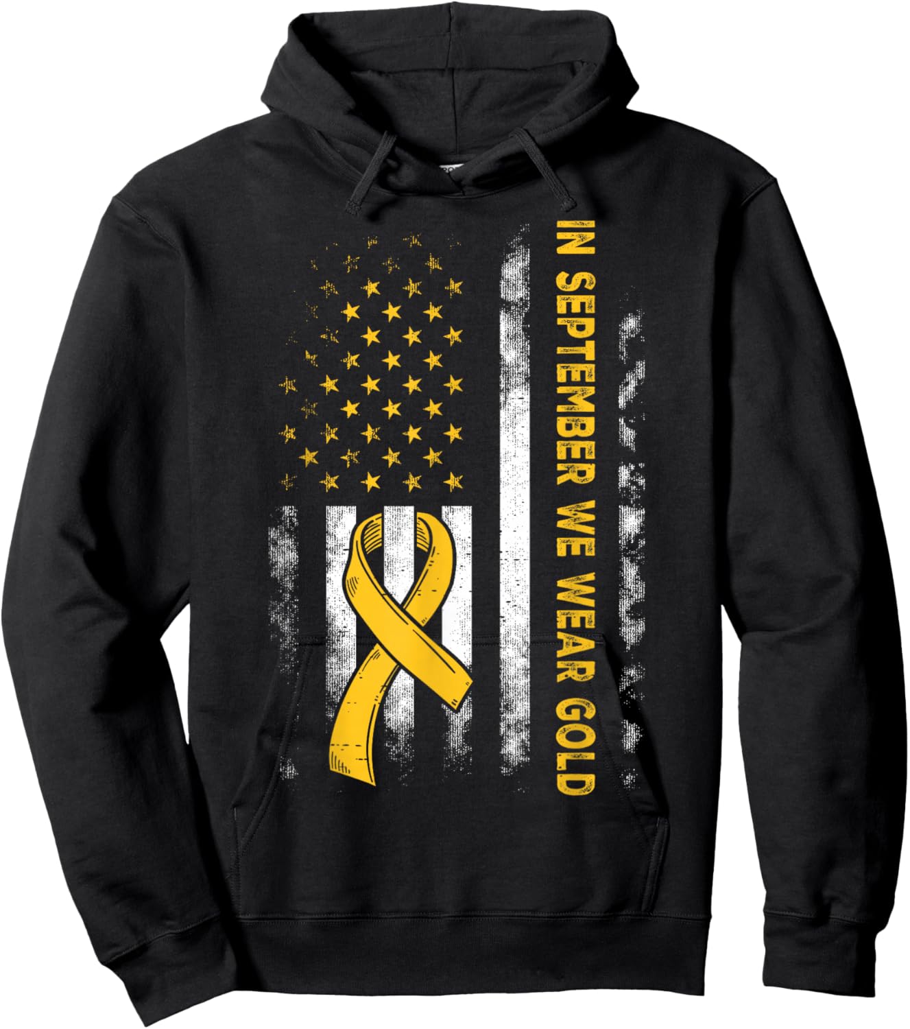 In September We Wear Gold Us Flag Childhood Cancer Awareness Hoodie - Hoodie | Black