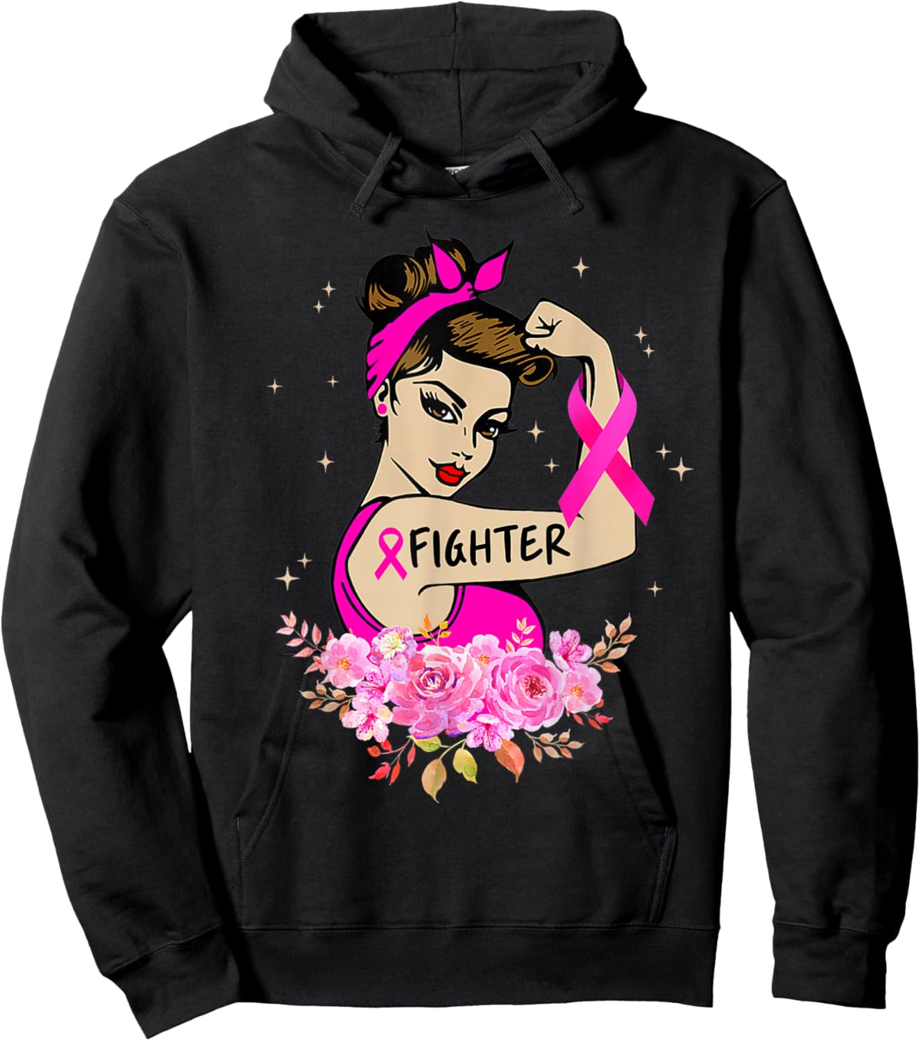 Breast Cancer Fighter Rosie Riveter Pink Ribbon Women Girls Hoodie - Hoodie | Black