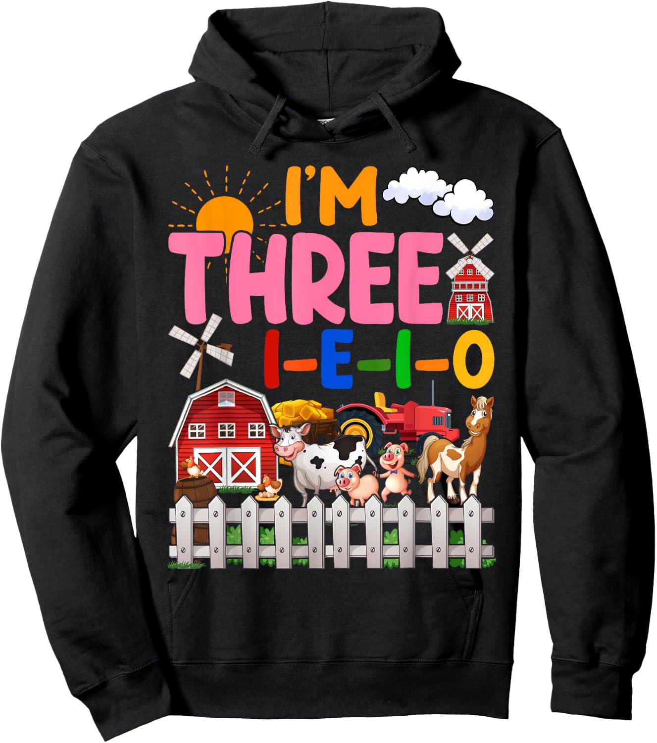 I'm Three-i-e-i-o 3 Years Old 3rd Birthday Girl Farm Hoodie - Hoodie | Black