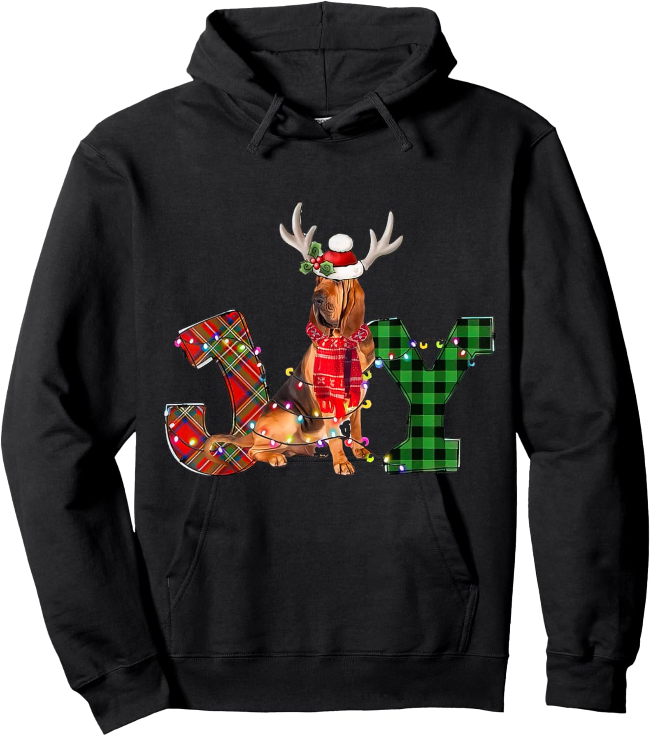 Joy Christmas Lights Bloodhound Dog Santa Hat Pajama Men Women Kids Hoodie - Hoodie | Black
