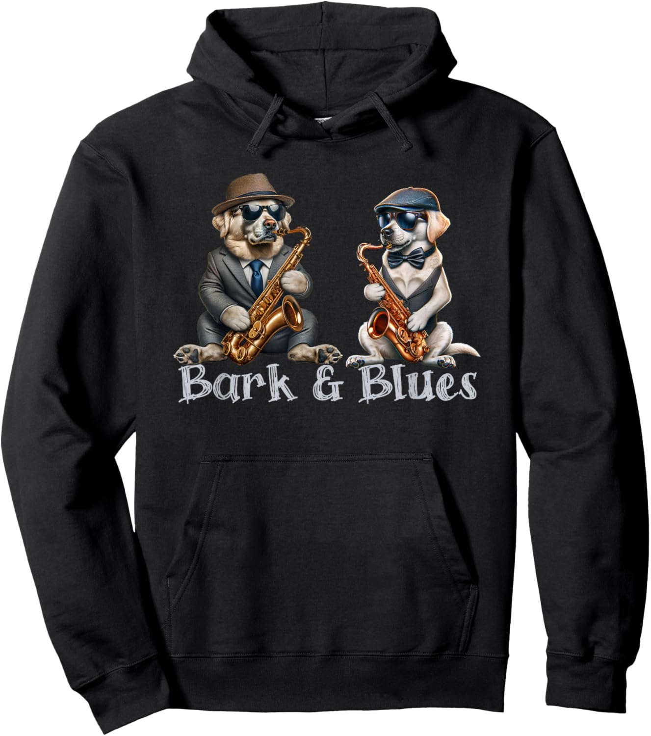 Funny Dogs Playing Saxophone Barks and Blues Jazz Lover Hoodie - Hoodie | Black