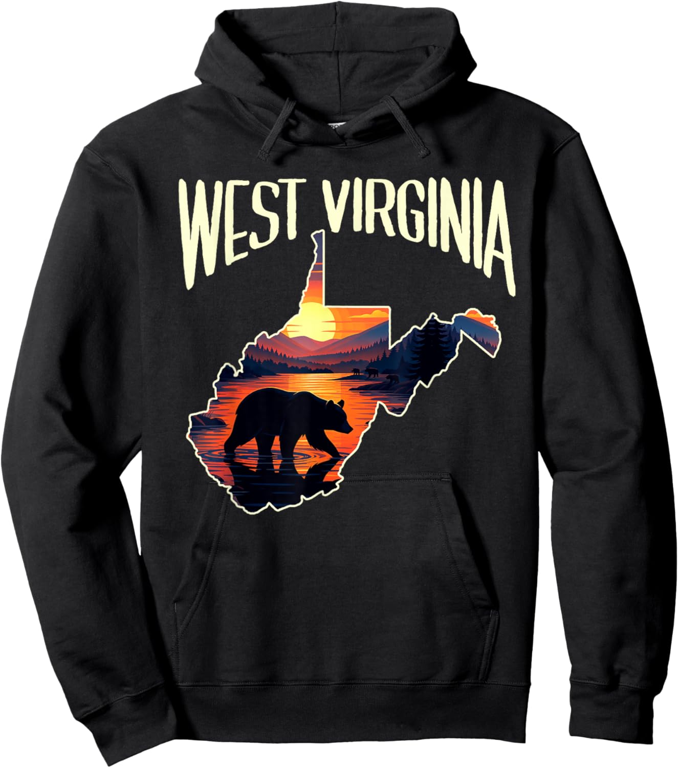 West Virginia State Map Traveling Souvenir Black Bear Sunset Hoodie - Hoodie | Black