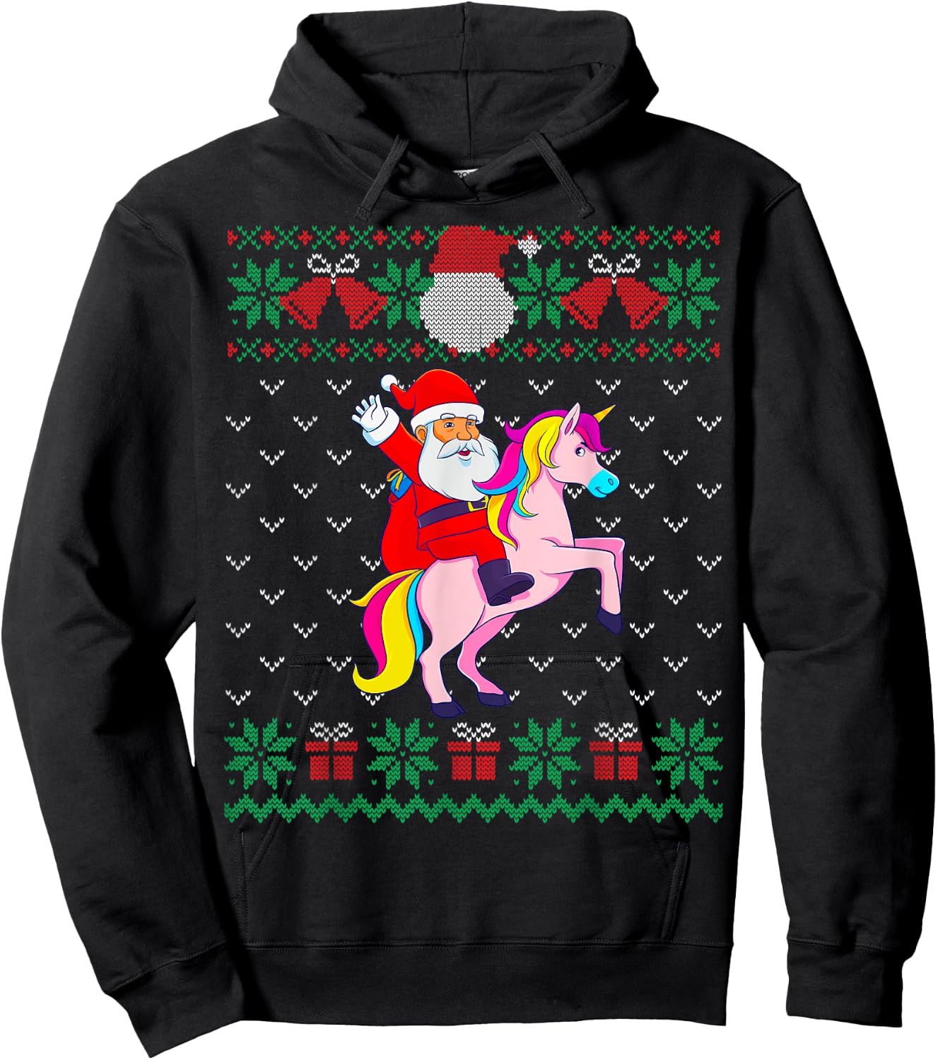 Santa Riding Unicorn, Ugly Christmas Sweater, Women Girls Hoodie - Hoodie | Black