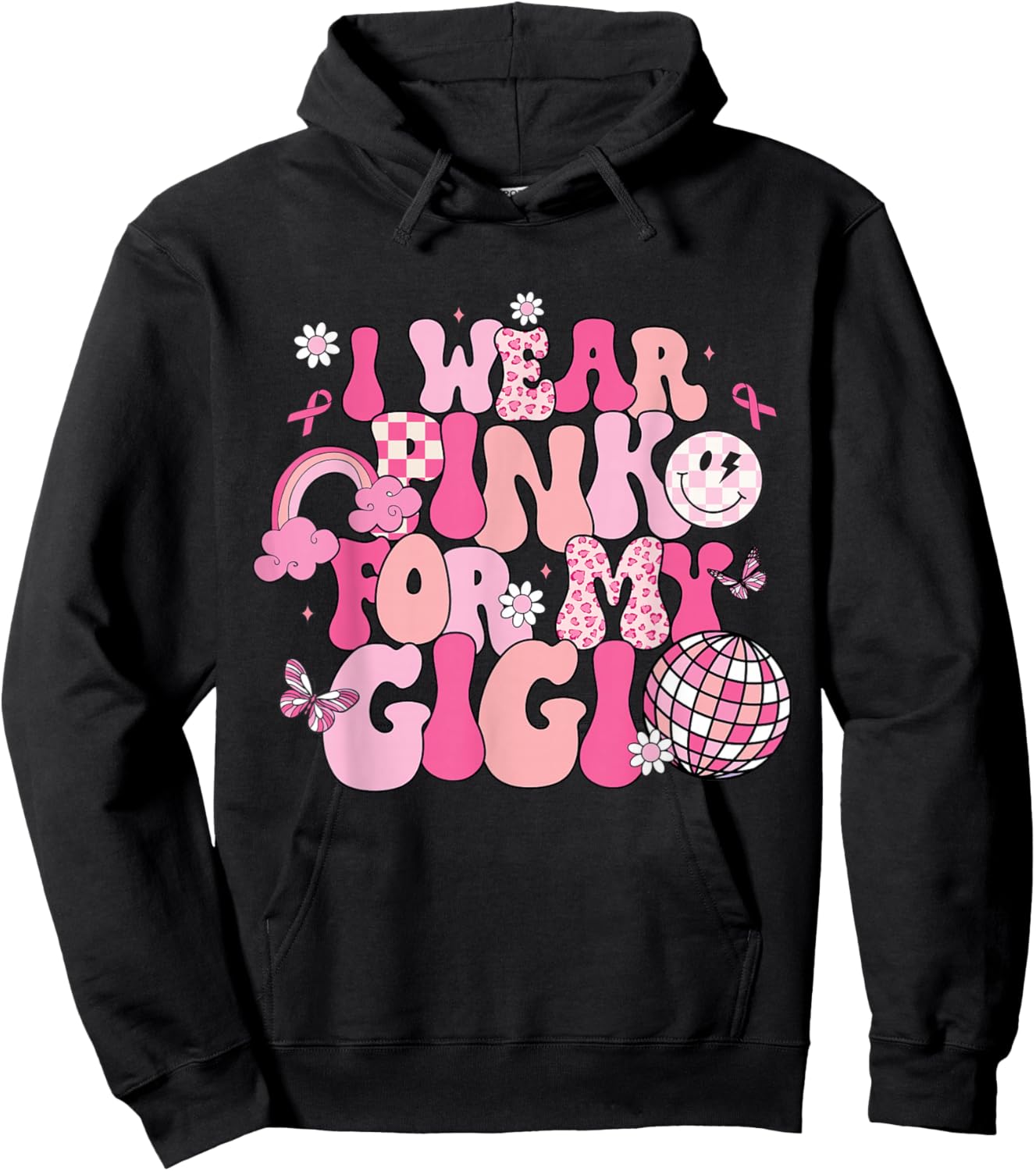 Groovy I Wear Pink For My Gigi Breast Cancer Awareness Hoodie - Hoodie | Black
