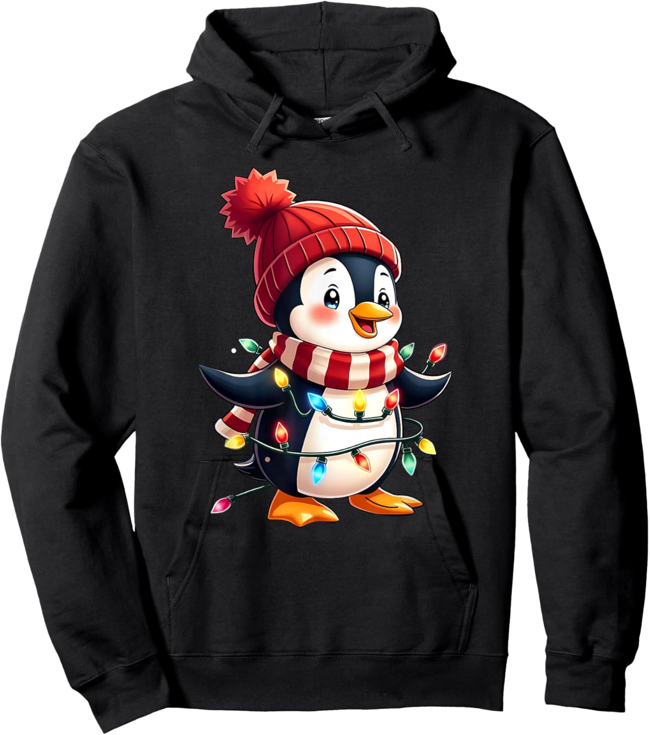 Cute Christmas Penguin Wrapped in Lights Holiday Design Hoodie - Hoodie | Black