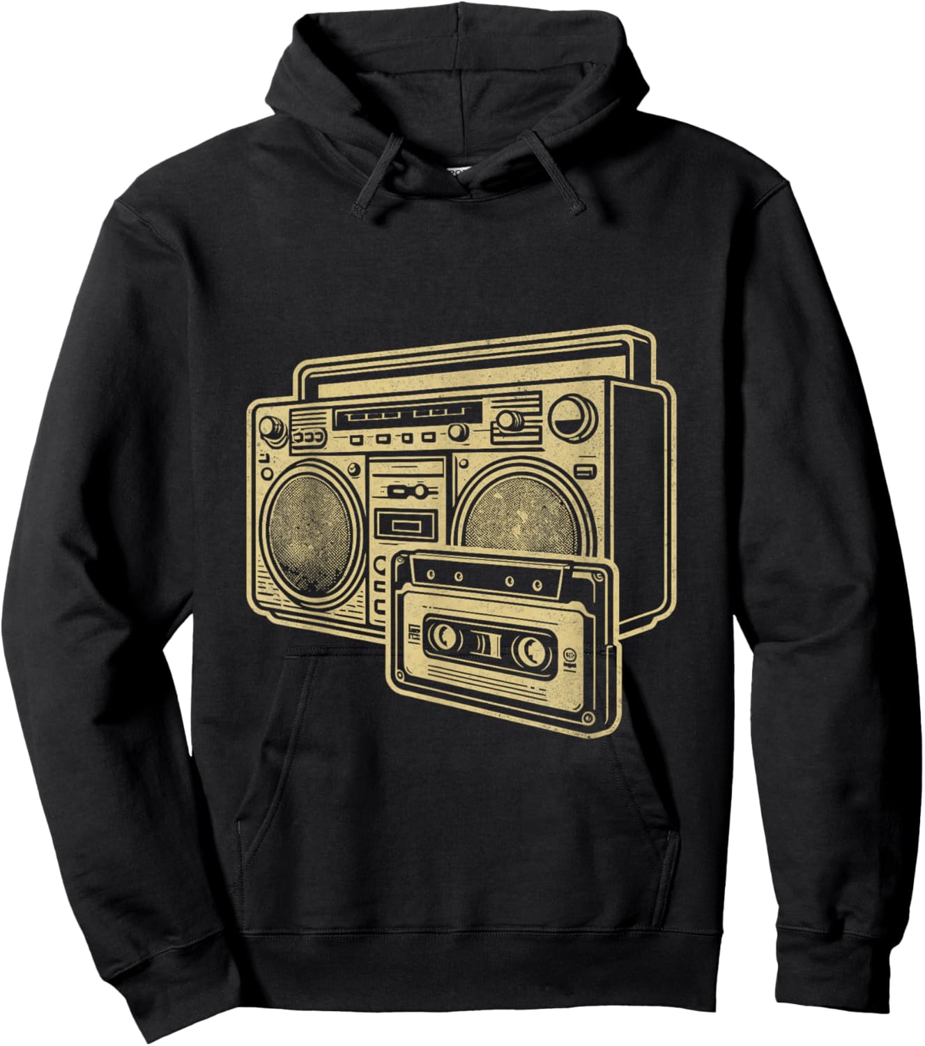 Vintage Boombox Gold Line Art Retro Music Lover Hoodie - Hoodie | Black