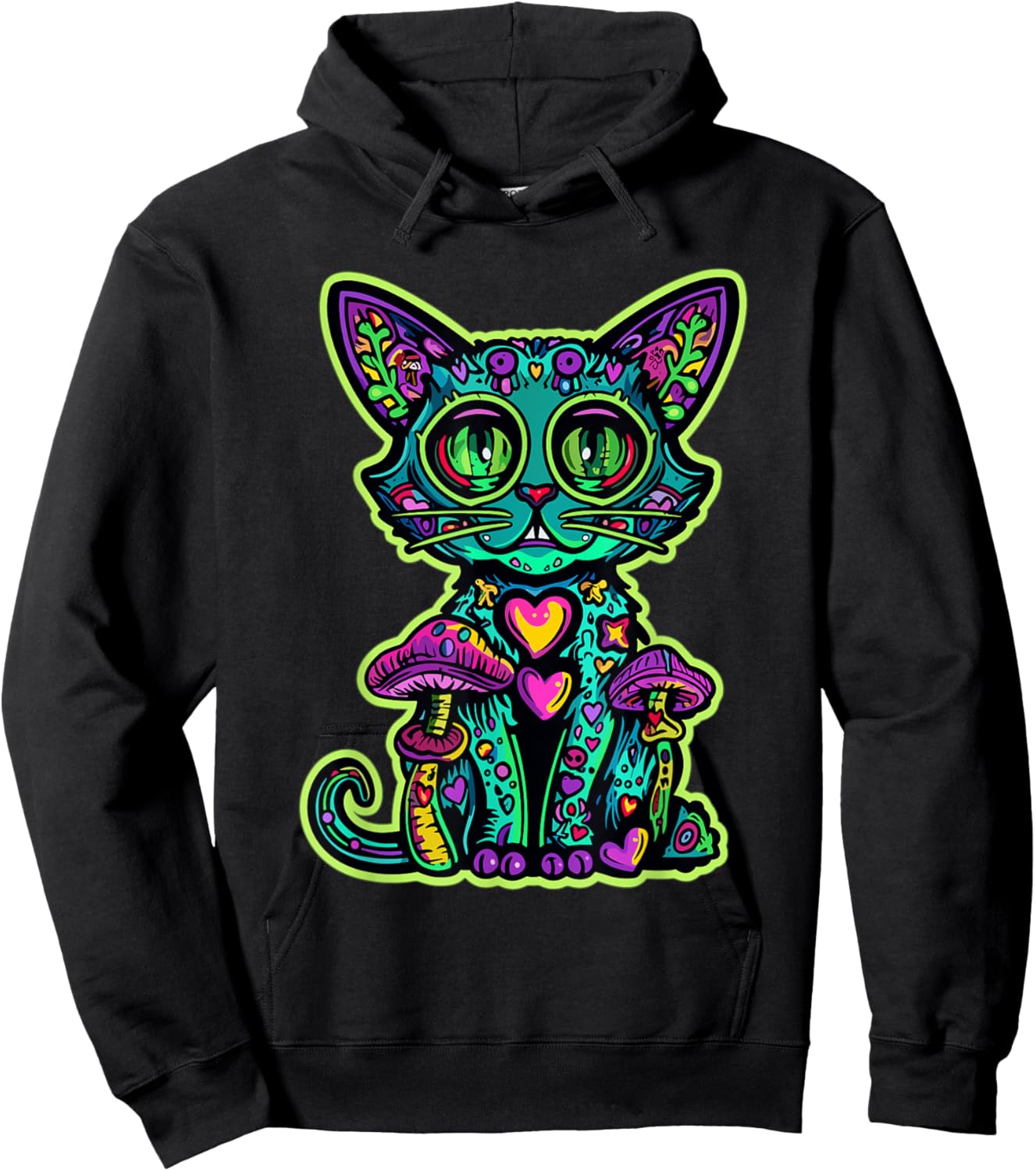 Psychedelic Cat Mushroom Art EDM Rave Men Women Hoodie - Hoodie | Black