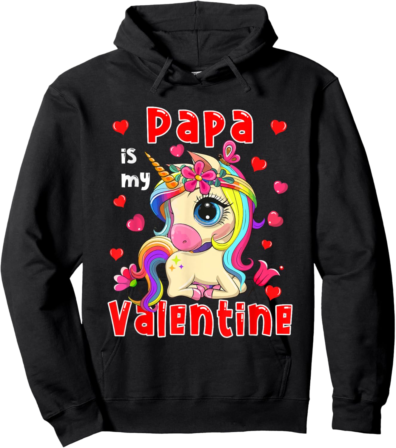 Papa Is My Valentine Cute Floral Unicorn Matching Family Hoodie - Hoodie | Black