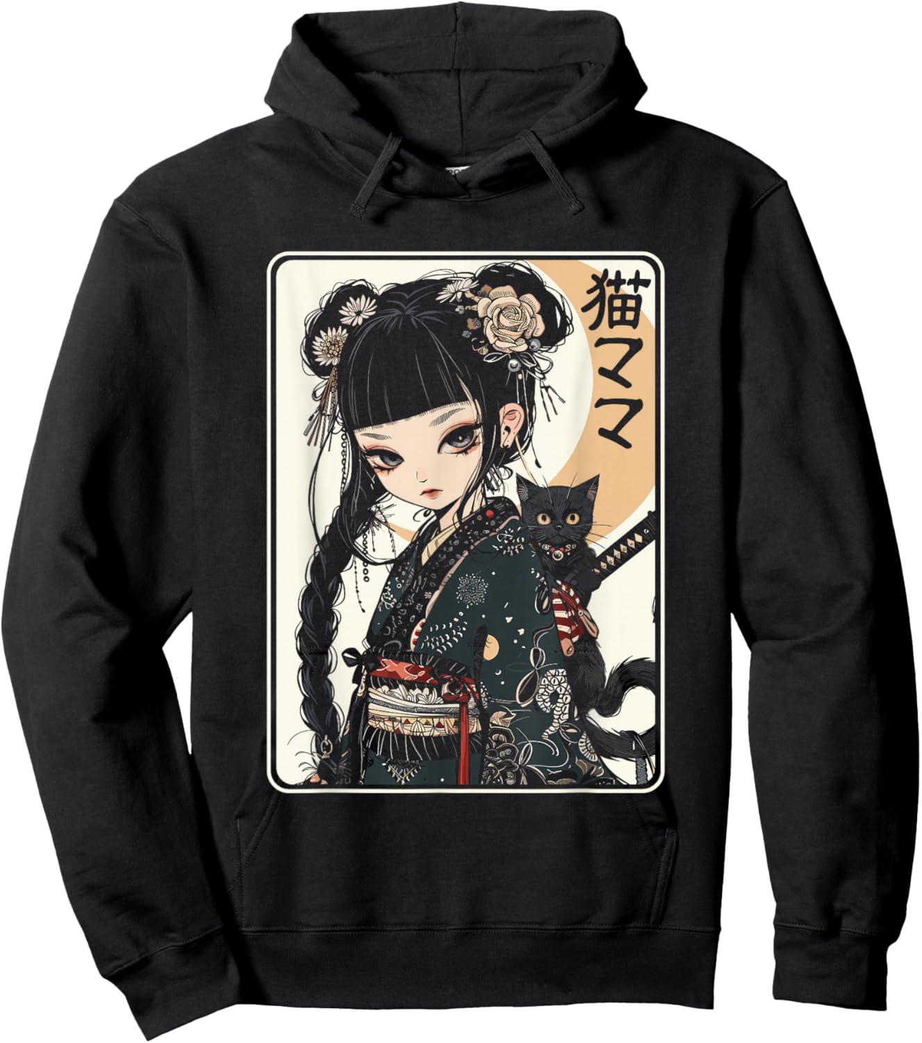 Japanese Gothic Kawaii Anime Samurai Cat Mom Woman Girls Hoodie - Hoodie | Black