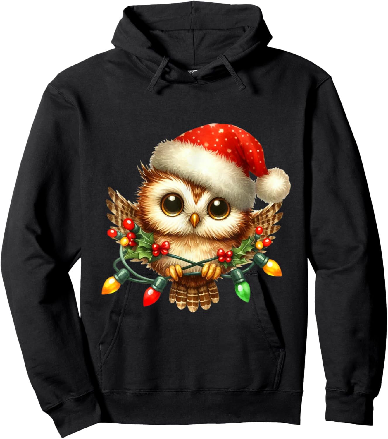 Owl Christmas Lights Santa Hat Xmas Owl Lover Hoodie - Hoodie | Black