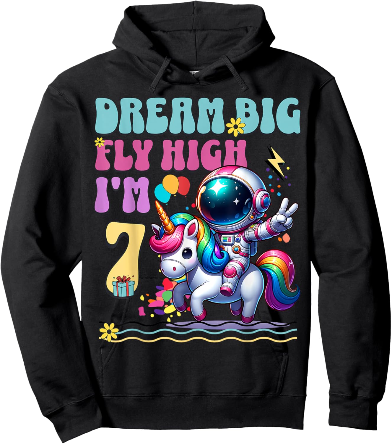Astronaut Unicorn 7th Birthday 7 Years Space Galaxy Hoodie - Hoodie | Black