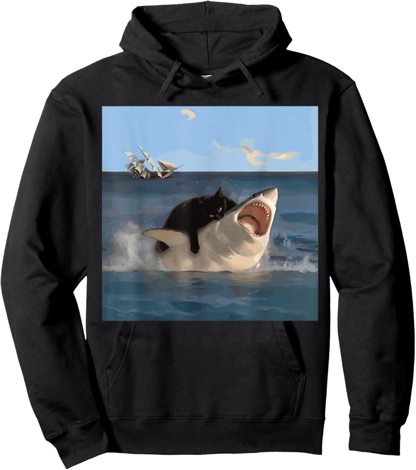 Funny Shark Biting Cat and Shark , Black, S Hoodie - Hoodie | Black