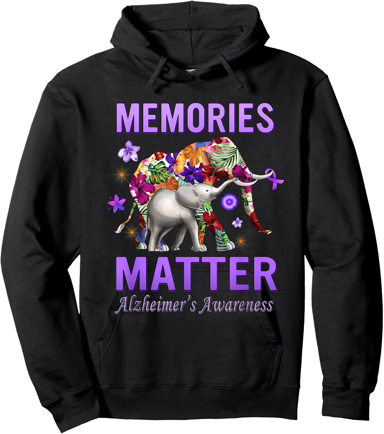 Alzheimers Awareness Memories Matter Purple Elephant Hoodie - Hoodie | Black