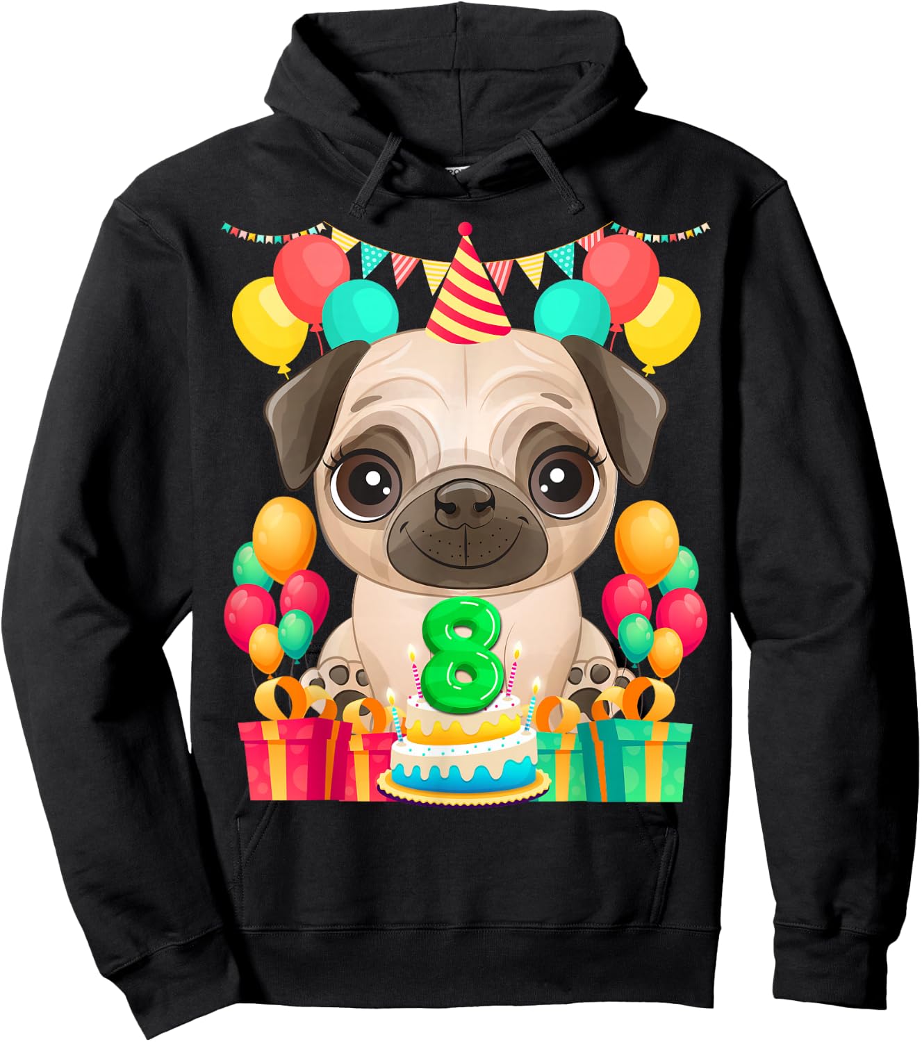 Pug 8th Birthday Gifts 8 Year Old Pug Lover Bday Presents Hoodie - Hoodie | Black